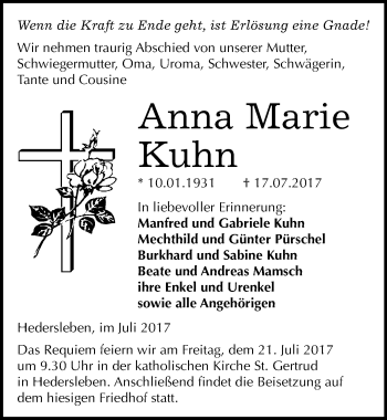 Traueranzeige von Anna Marie Kuhn von Mitteldeutsche Zeitung Quedlinburg