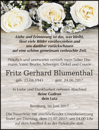Traueranzeige von Fritz Gerhard Blumenthal von Mitteldeutsche Zeitung Bernburg