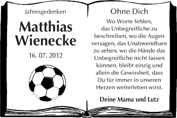 Traueranzeige von Matthias Wienecke von WVG - Wochenspiegel Dessau / Köthen