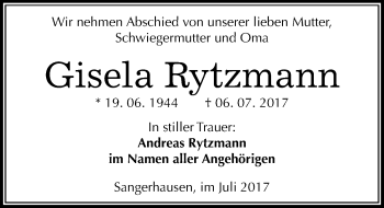 Traueranzeige von Gisela Rytzmann von Mitteldeutsche Zeitung Sangerhausen