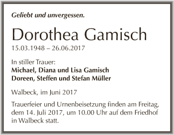 Traueranzeige von Dorothea Gamisch von Wochenspiegel Mansfelder Land