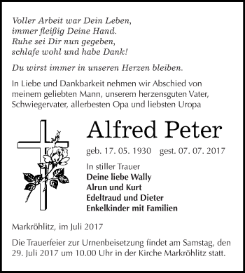 Traueranzeige von Alfred Peter von WVG - Wochenspiegel NMB / WSF / ZTZ