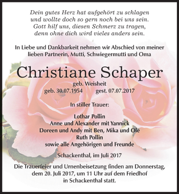 Traueranzeige von Christiane Schaper von Mitteldeutsche Zeitung Aschersleben