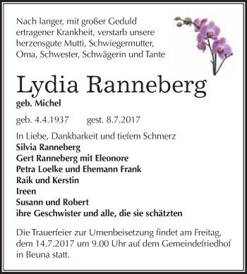 Traueranzeige von Lydia Ranneberg von WVG - Wochenspiegel Merseburg