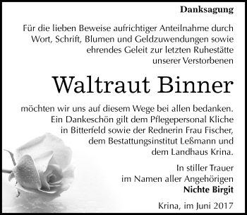 Traueranzeige von Waltraut Binner von Mitteldeutsche Zeitung Bitterfeld