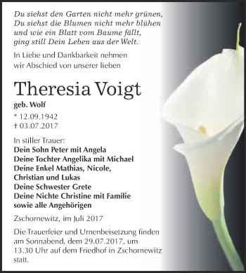 Traueranzeige von Theresia Voigt von WVG - Wochenspiegel Wittenberg