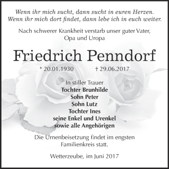 Traueranzeige von Friedrich Penndorf von Super Sonntag Zeitz
