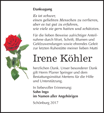 Traueranzeige von Irene Köhler von Mitteldeutsche Zeitung Naumburg/Nebra
