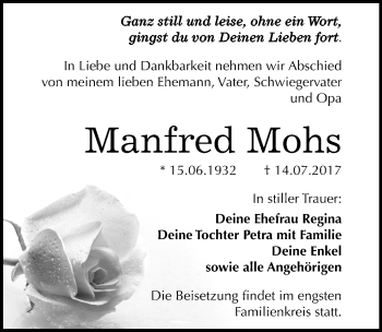 Traueranzeige von Manfred Mohs von Mitteldeutsche Zeitung Bitterfeld