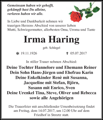 Traueranzeige von Irma Haring von WVG - Wochenspiegel Dessau / Köthen