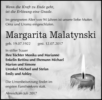 Traueranzeige von Margarita Malatynski von Mitteldeutsche Zeitung Naumburg/Nebra