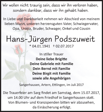 Traueranzeige von Hans-Jürgen Podszuweit von Mitteldeutsche Zeitung Sangerhausen