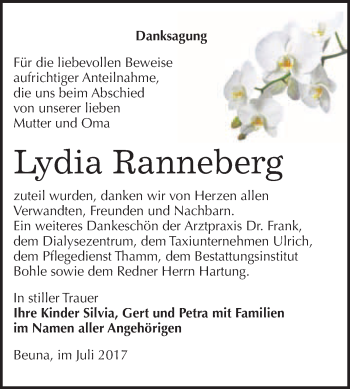 Traueranzeige von Lydia Ranneberg von WVG - Wochenspiegel Merseburg