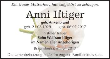 Traueranzeige von Anni Iftiger von Mitteldeutsche Zeitung Merseburg/Querfurt