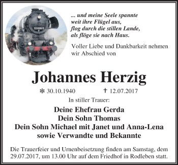 Traueranzeige von Johannes Herzig von Mitteldeutsche Zeitung Dessau-Roßlau