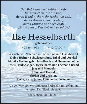 Traueranzeige von Ilse Hesselbarth von Mitteldeutsche Zeitung Sangerhausen