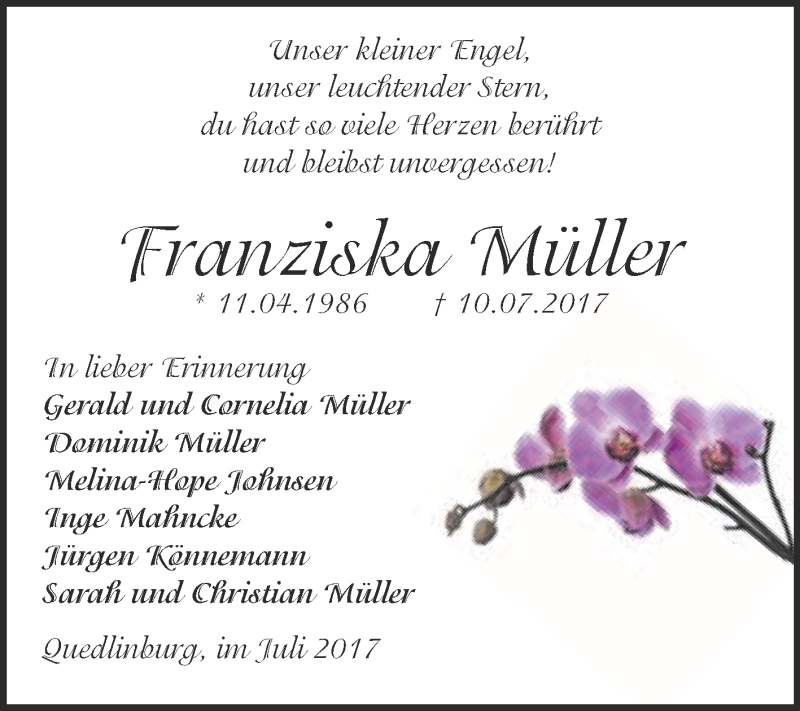  Traueranzeige für Franziska Müller vom 22.07.2017 aus Super Sonntag Quedlinburg