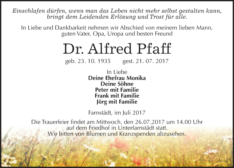  Traueranzeige für Alfred Pfaff vom 24.07.2017 aus Mitteldeutsche Zeitung Merseburg/Querfurt