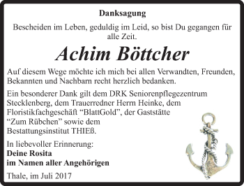 Traueranzeige von Achim Böttcher von Mitteldeutsche Zeitung Quedlinburg