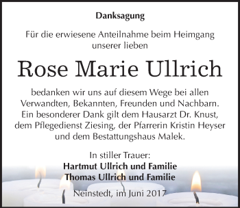 Traueranzeige von Rose Marie Ullrich von Mitteldeutsche Zeitung Quedlinburg
