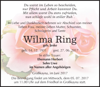 Traueranzeige von Wilma Ring von Mitteldeutsche Zeitung Merseburg/Querfurt