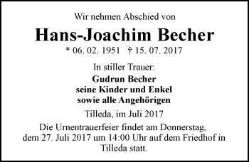 Traueranzeige von Hans-Joachim Becher von Mitteldeutsche Zeitung Sangerhausen
