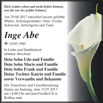 Traueranzeige von Inge Abe von WVG - Wochenspiegel Dessau / Köthen