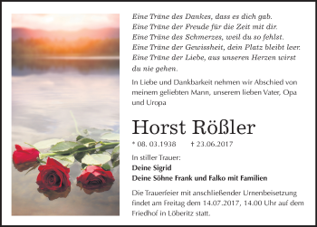 Traueranzeige von Horst Rößler von Mitteldeutsche Zeitung Bitterfeld