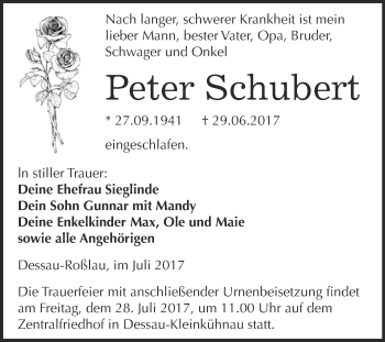 Traueranzeige von Peter Schubert von WVG - Wochenspiegel Dessau / Köthen
