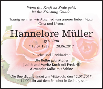 Traueranzeige von Hannelore Müller von Mitteldeutsche Zeitung Mansfelder Land