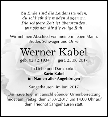 Traueranzeige von Werner Kabel von Mitteldeutsche Zeitung Sangerhausen