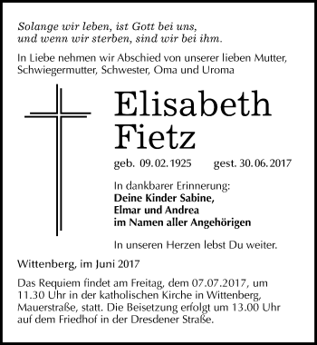 Traueranzeige von Elisabeth Fietz von Mitteldeutsche Zeitung Wittenberg