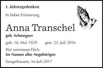 Traueranzeige von Anna Transchel von Super Sonntag SGH Mansf. Land