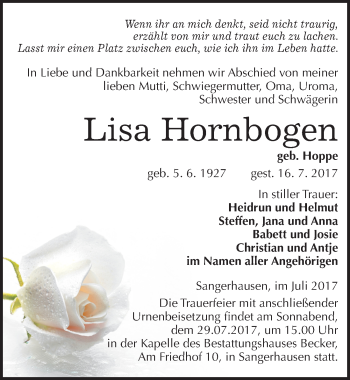 Traueranzeige von Lisa Hornbogen von Mitteldeutsche Zeitung Sangerhausen