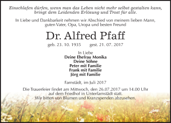 Traueranzeige von Alfred Pfaff von Mitteldeutsche Zeitung Merseburg/Querfurt