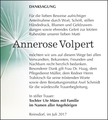 Traueranzeige von Annerose Volpert von WVG - Wochenspiegel NMB / WSF / ZTZ