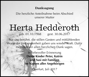 Traueranzeige von Herta Hedderoth von Mitteldeutsche Zeitung Merseburg/Querfurt