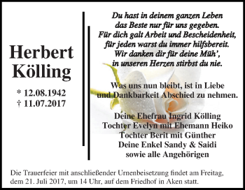 Traueranzeige von Herbert Kölling von WVG - Wochenspiegel Dessau / Köthen