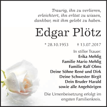 Traueranzeige von Edgar Plötz von WVG - Wochenspiegel Bitterfeld