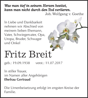 Traueranzeige von Fritz Breit von Super Sonntag Bernburg