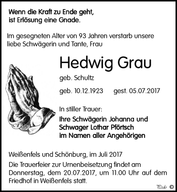 Traueranzeige von Hedwig Grau von Mitteldeutsche Zeitung Weißenfels