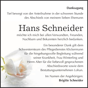 Traueranzeige von Hans Schneider von WVG - Wochenspiegel Bitterfeld