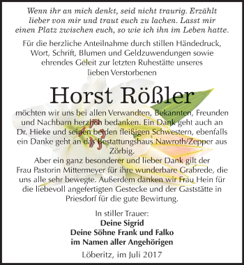 Traueranzeige von Horst Rößler von Mitteldeutsche Zeitung Bitterfeld