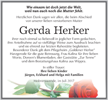 Traueranzeige von Gerda Herker von Mitteldeutsche Zeitung Mansfelder Land