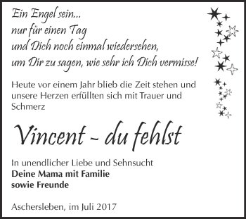 Traueranzeige von Vincent  von Super Sonntag Aschersleben