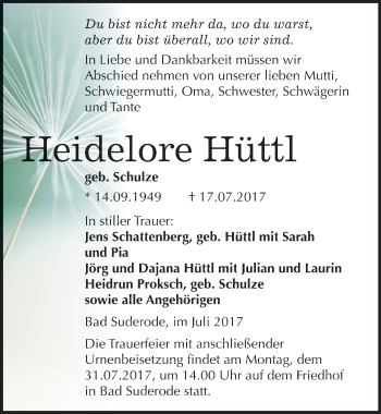 Traueranzeige von Heidelore Hüttl von Mitteldeutsche Zeitung Quedlinburg