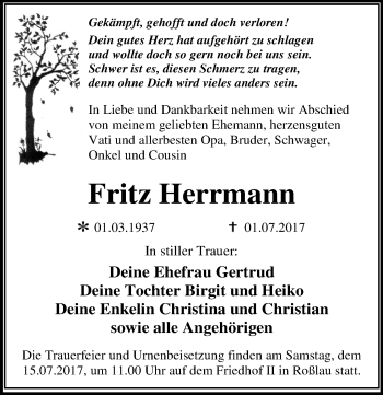 Traueranzeige von Fritz Herrmann von Mitteldeutsche Zeitung Dessau-Roßlau