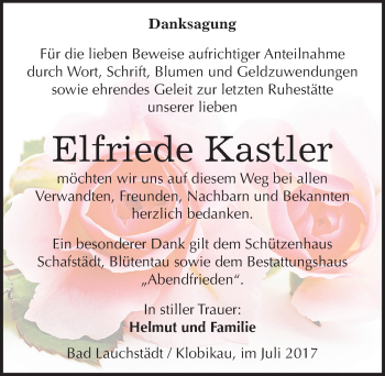 Traueranzeige von Elfriede Kastler von Mitteldeutsche Zeitung Merseburg/Querfurt
