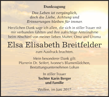 Traueranzeige von Elsa Elisabeth Breitfelder von WVG - Wochenspiegel Bitterfeld