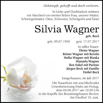Traueranzeige von Silvia Wagner von Super Sonntag SGH Mansf. Land